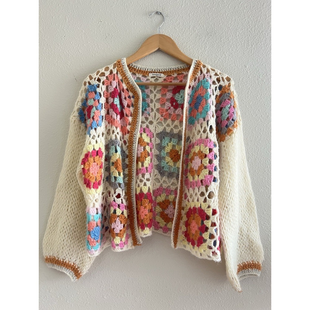 Sunday Up Granny Square Crochet Cardigan Oversized Boho Knit Sweater One Size